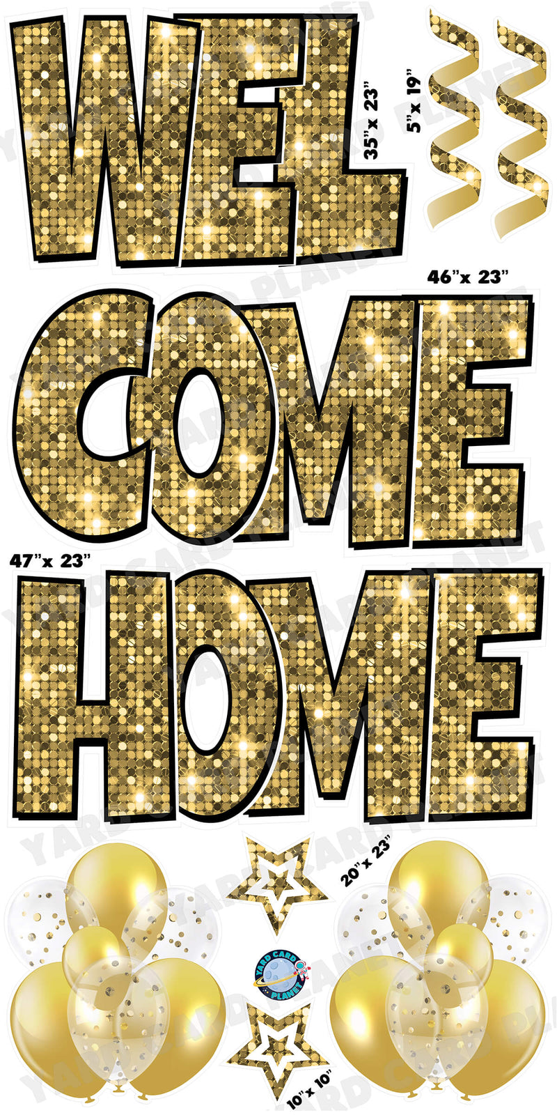 Large 23" Welcome Home Yard Card EZ Quick Sets in Luckiest Guy Font and Flair in Gold Sequin Pattern