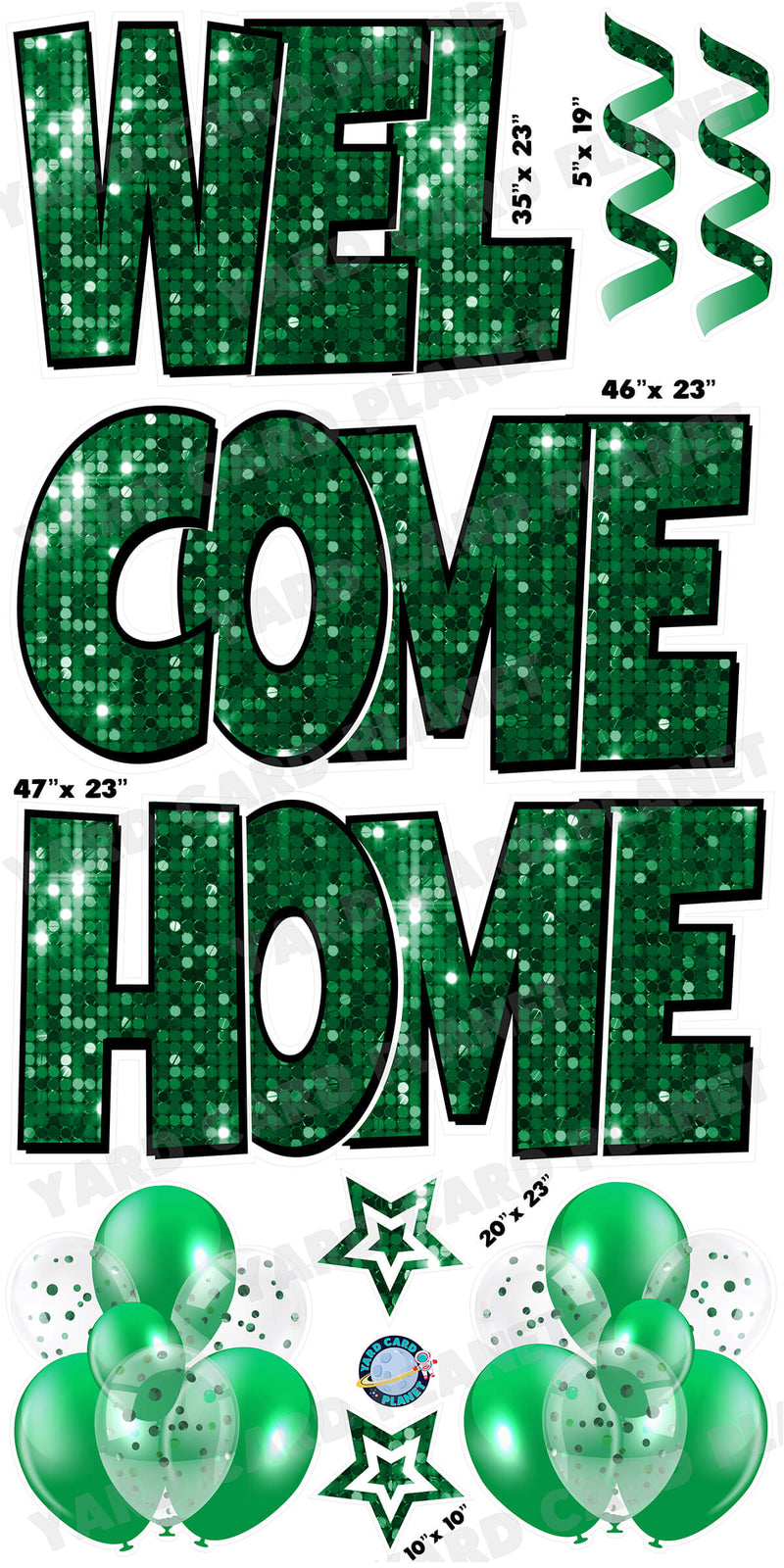 Large 23" Welcome Home Yard Card EZ Quick Sets in Luckiest Guy Font and Flair in Green Sequin Pattern
