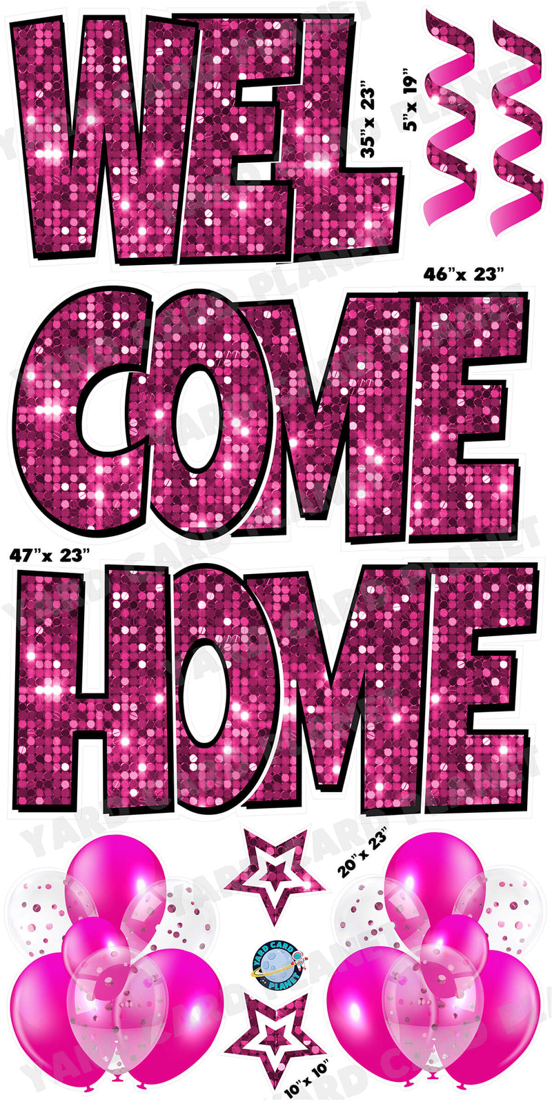 Large 23" Welcome Home Yard Card EZ Quick Sets in Luckiest Guy Font and Flair in Hot Pink Sequin Pattern