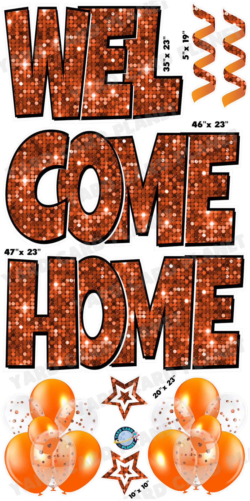 Large 23" Welcome Home Yard Card EZ Quick Sets in Luckiest Guy Font and Flair in Orange Sequin Pattern