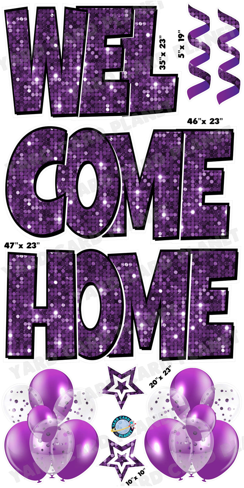 Large 23" Welcome Home Yard Card EZ Quick Sets in Luckiest Guy Font and Flair in Purple Sequin Pattern