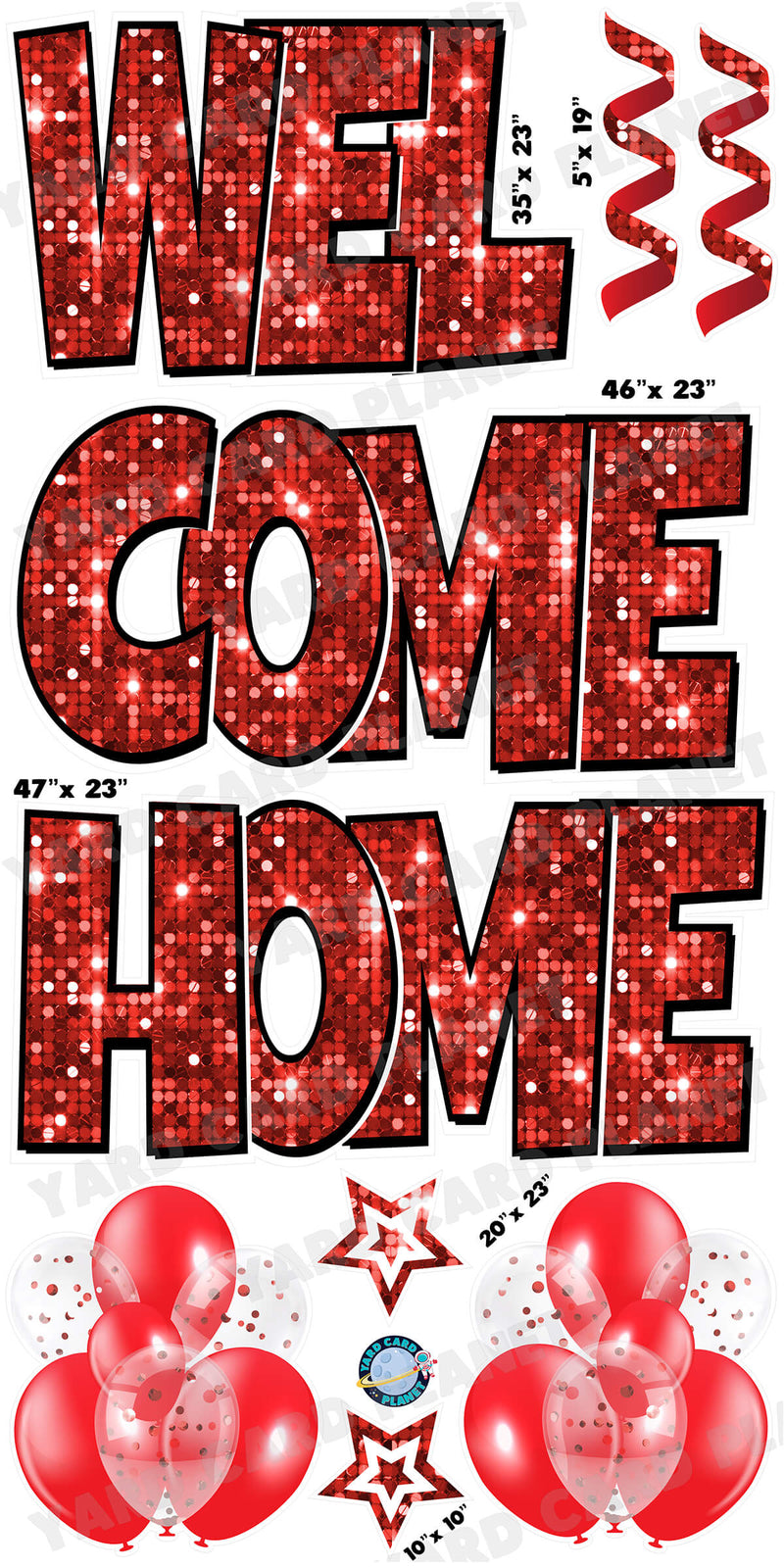 Large 23" Welcome Home Yard Card EZ Quick Sets in Luckiest Guy Font and Flair in Red Sequin Pattern