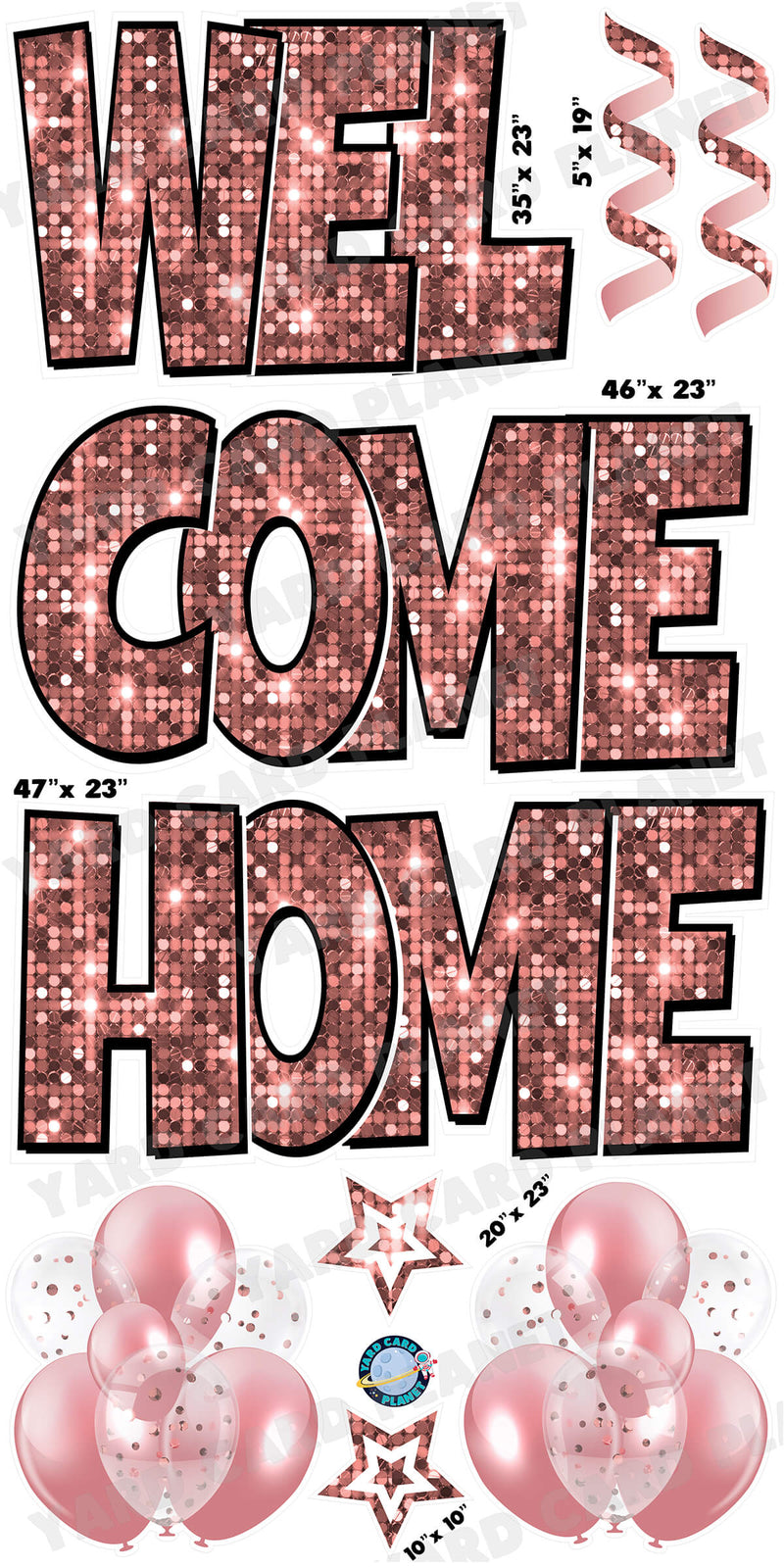 Large 23" Welcome Home Yard Card EZ Quick Sets in Luckiest Guy Font and Flair in Rose Gold Sequin Pattern