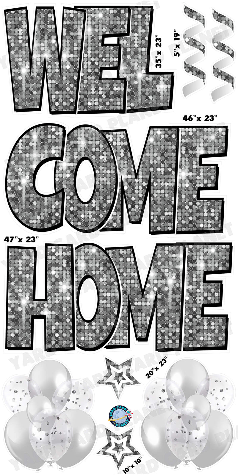 Large 23" Welcome Home Yard Card EZ Quick Sets in Luckiest Guy Font and Flair in Silver Sequin Pattern
