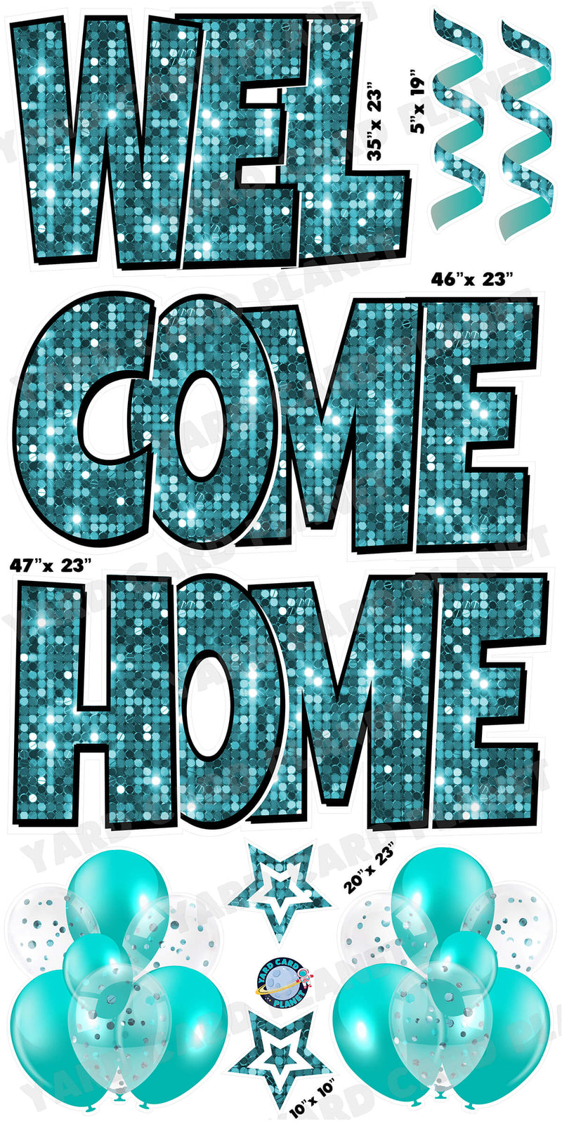 Large 23" Welcome Home Yard Card EZ Quick Sets in Luckiest Guy Font and Flair in Teal Sequin Pattern