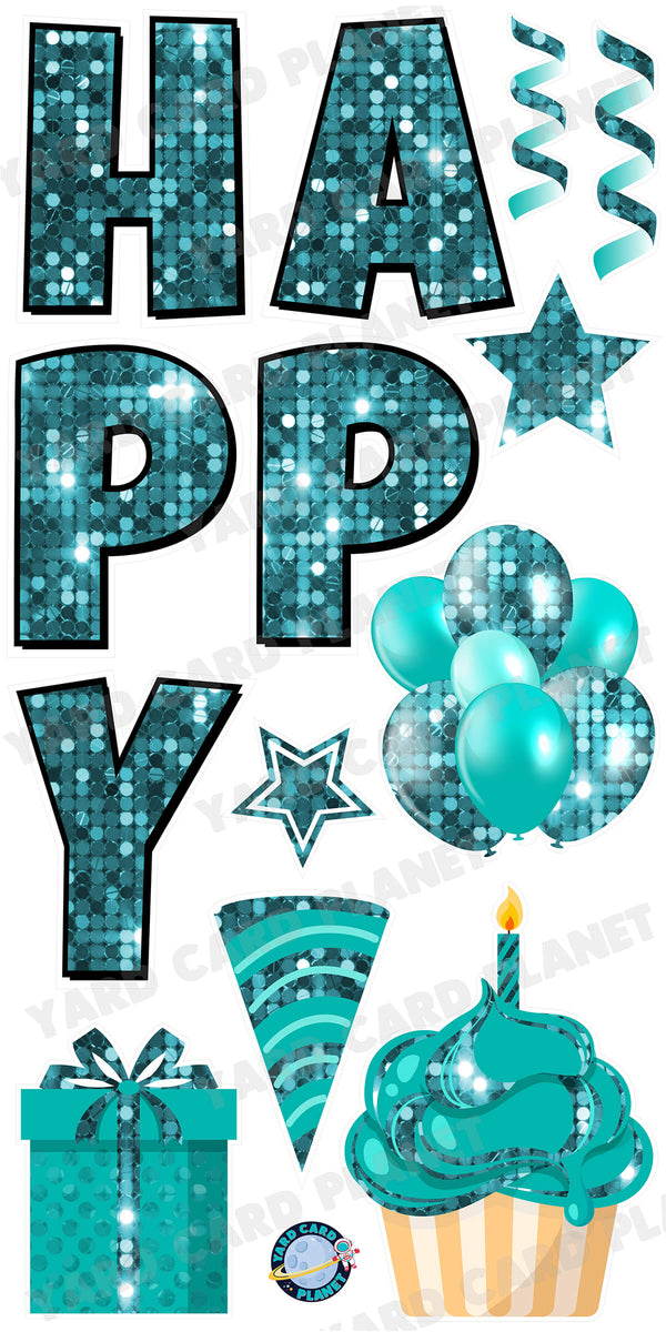 Large 23.5" Sequin Teal Happy Birthday Individual Letters in Luckiest Guy Font and Birthday Flair Set