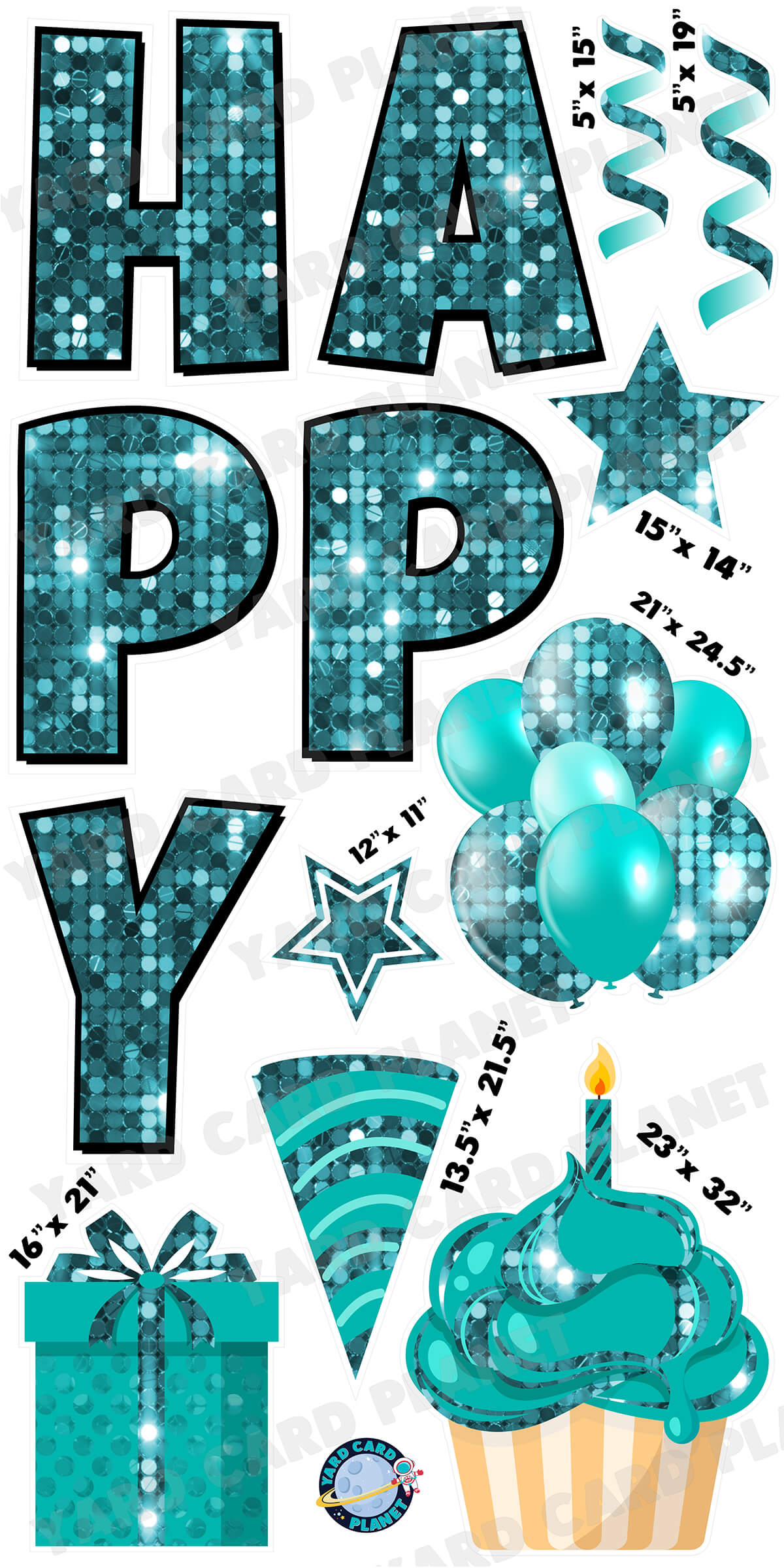 Large 23.5" Sequin Teal Happy Birthday Individual Letters in Luckiest Guy Font and Birthday Flair Set