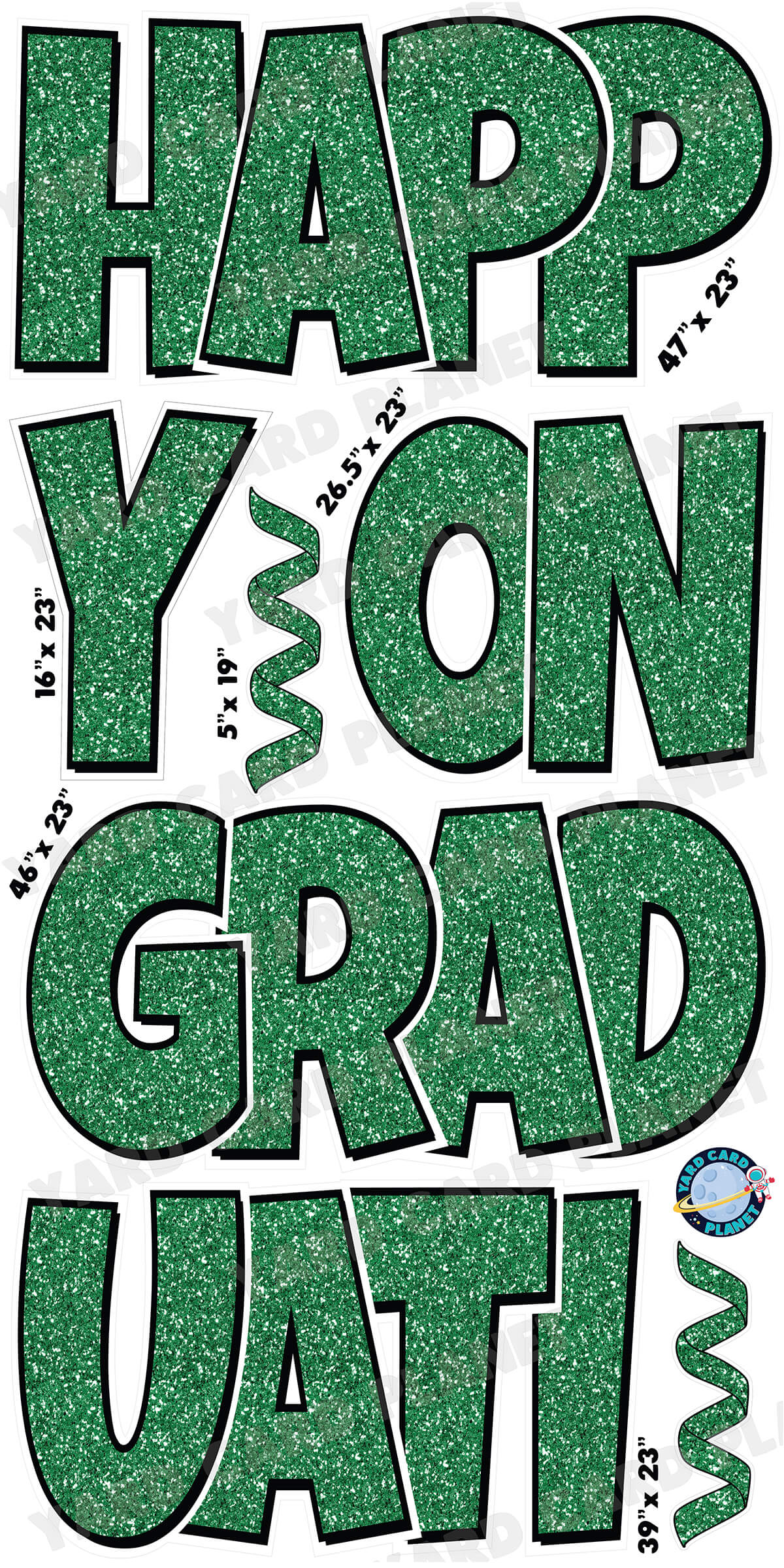 Large 23" Happy Graduation Yard Card EZ Quick Sets in Luckiest Guy Font and Flair in Glitter Pattern (Available in Multiple Colors)