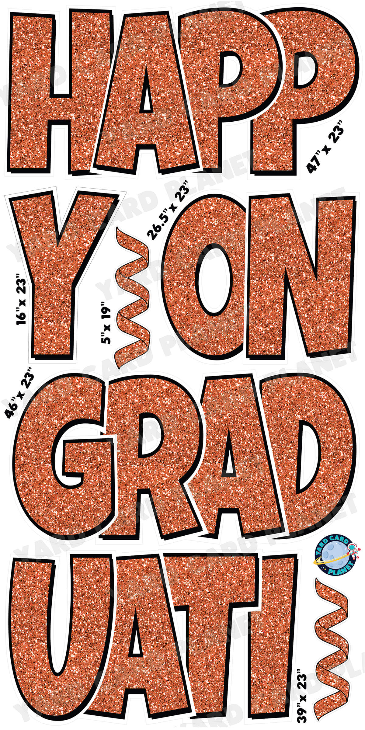 Large 23" Happy Graduation Yard Card EZ Quick Sets in Luckiest Guy Font and Flair in Glitter Pattern (Available in Multiple Colors)