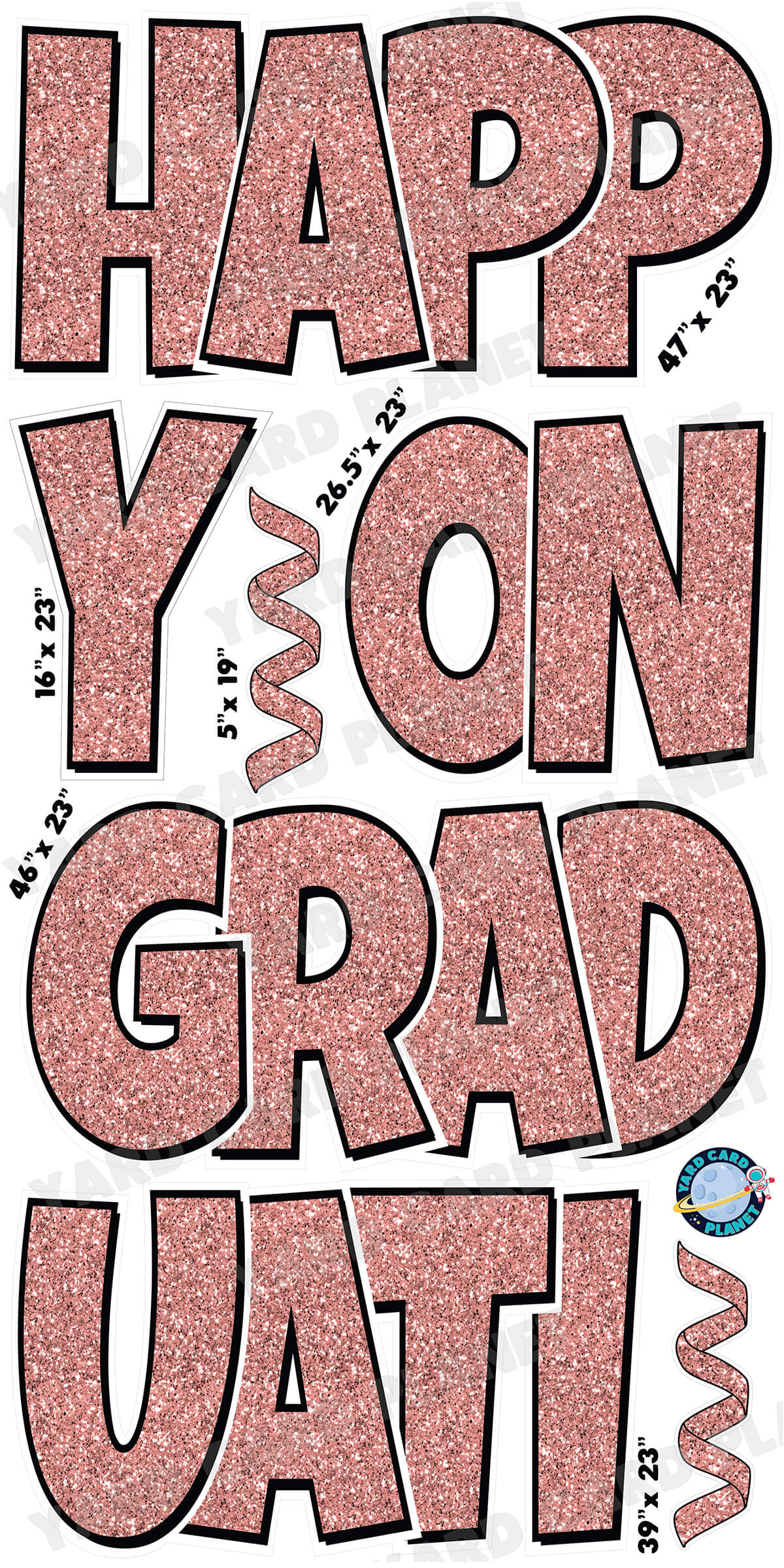 Large 23" Happy Graduation Yard Card EZ Quick Sets in Luckiest Guy Font and Flair in Glitter Pattern (Available in Multiple Colors)