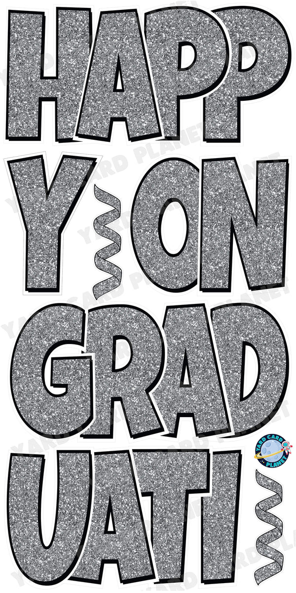 Large 23" Happy Graduation Yard Card EZ Quick Sets in Luckiest Guy Font and Flair in Glitter Pattern (Available in Multiple Colors)