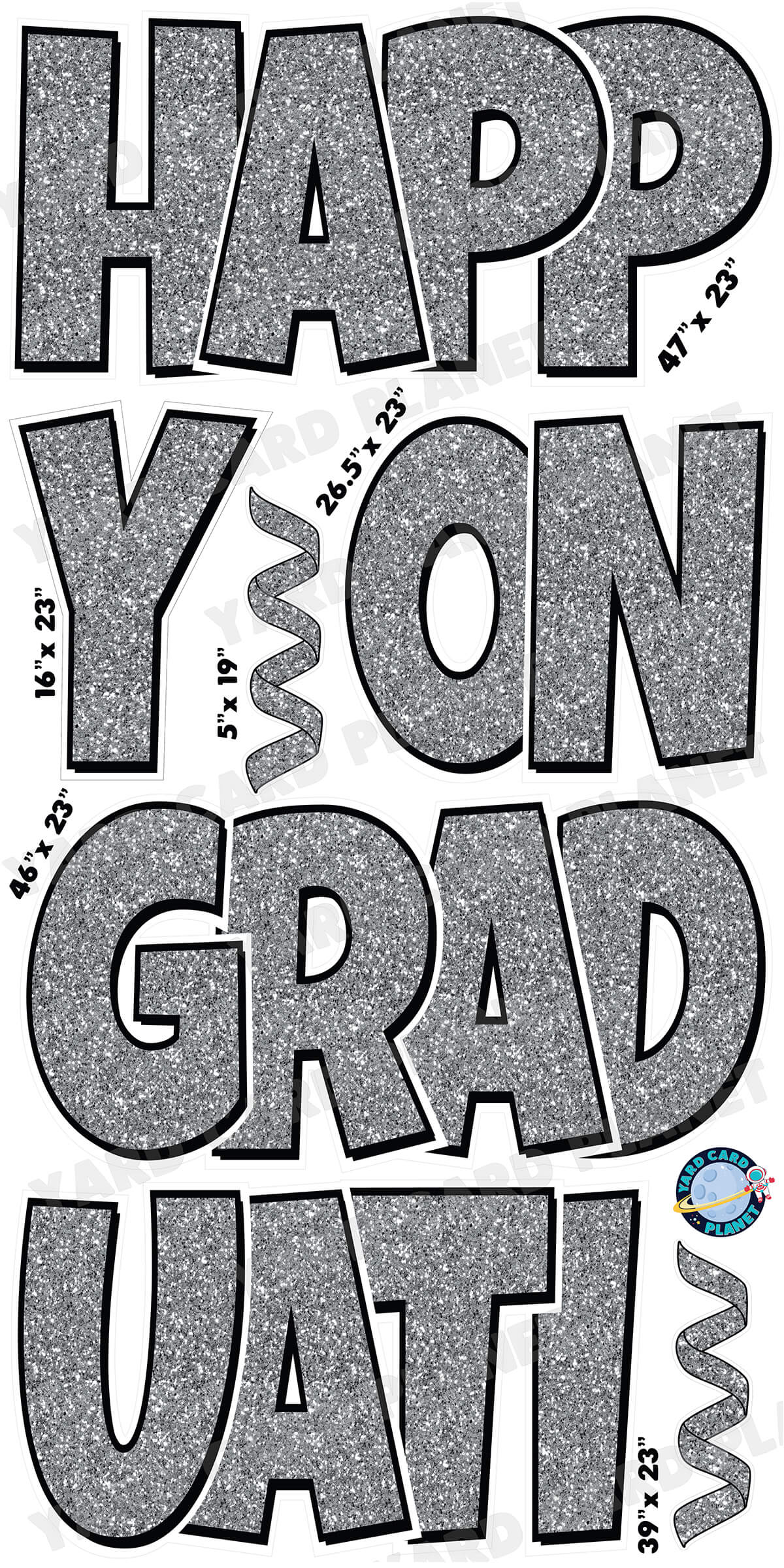 Large 23" Happy Graduation Yard Card EZ Quick Sets in Luckiest Guy Font and Flair in Glitter Pattern (Available in Multiple Colors)