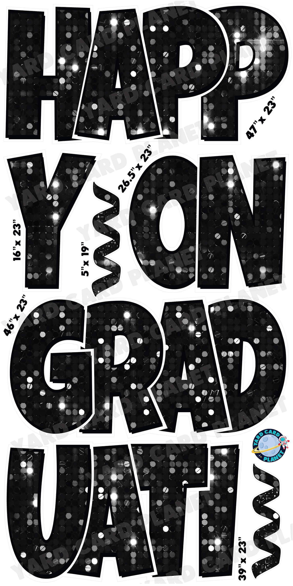 Large 23" Happy Graduation Yard Card EZ Quick Sets in Luckiest Guy Font and Flair in Sequin Pattern (Available in Multiple Colors)