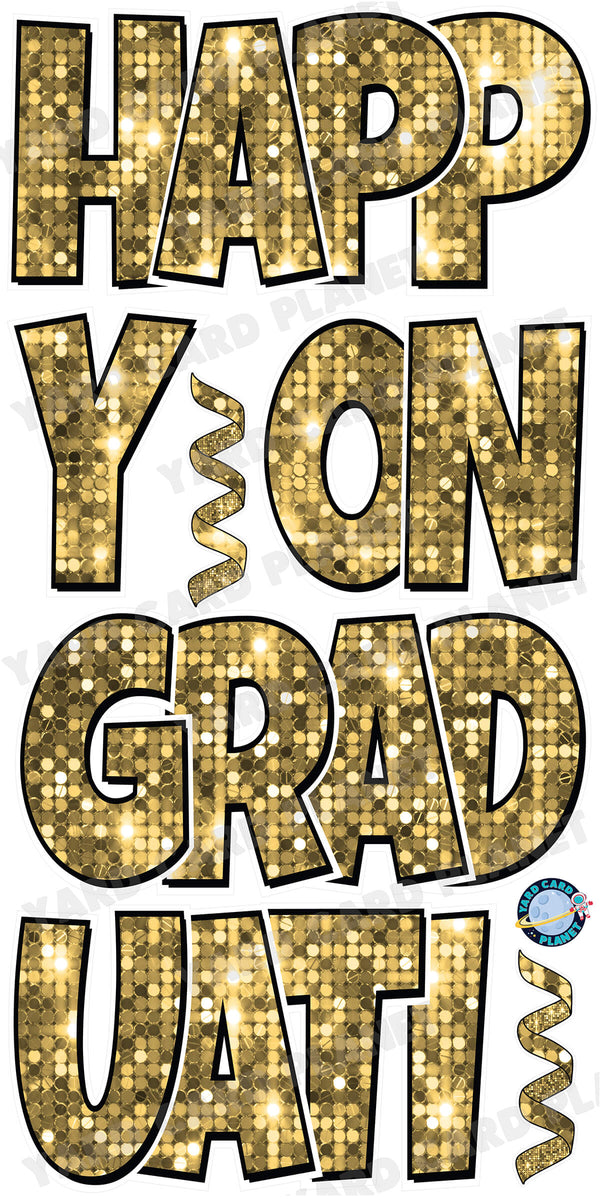 Large 23" Happy Graduation Yard Card EZ Quick Sets in Luckiest Guy Font and Flair in Sequin Pattern (Available in Multiple Colors)