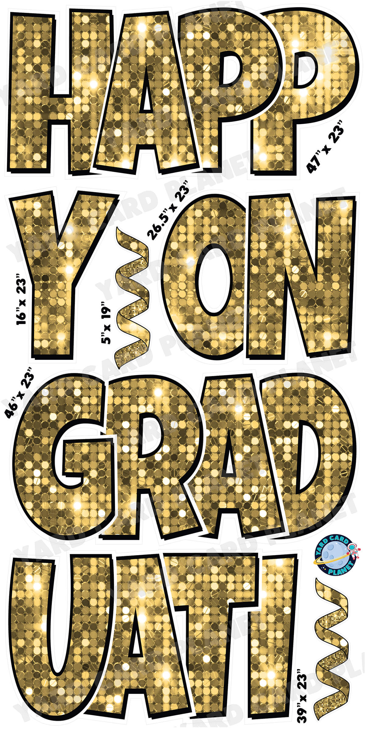 Large 23" Happy Graduation Yard Card EZ Quick Sets in Luckiest Guy Font and Flair in Sequin Pattern (Available in Multiple Colors)