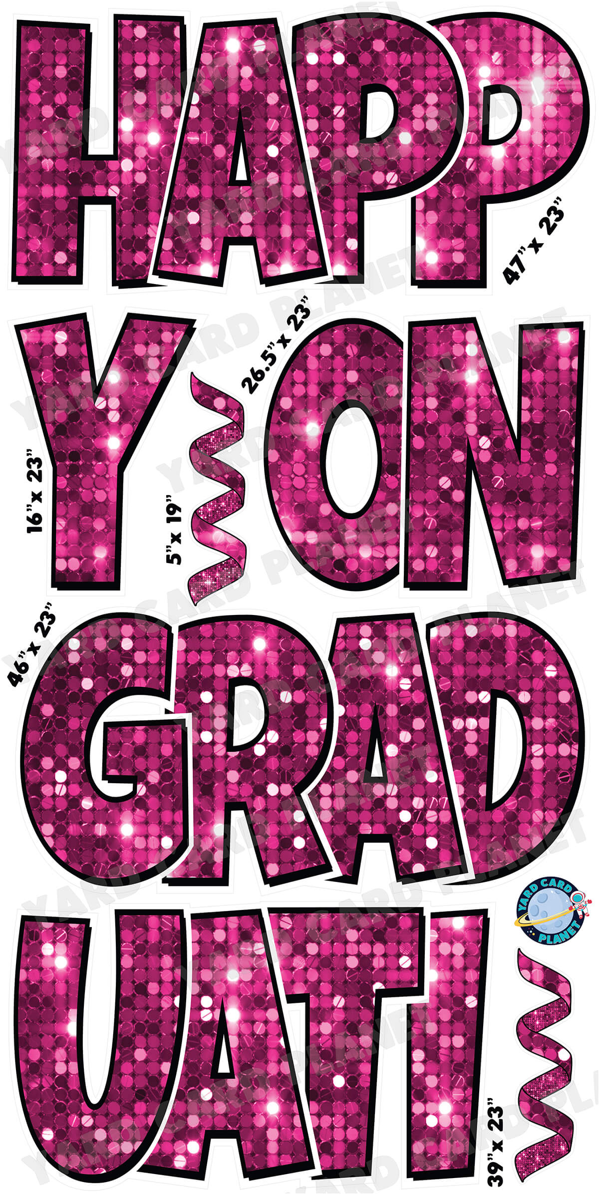 Large 23" Happy Graduation Yard Card EZ Quick Sets in Luckiest Guy Font and Flair in Sequin Pattern (Available in Multiple Colors)