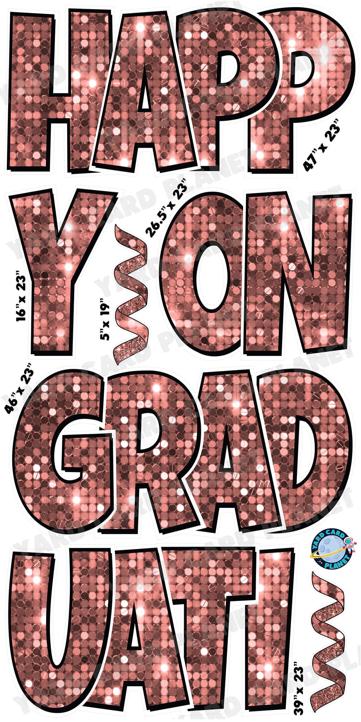 Large 23" Happy Graduation Yard Card EZ Quick Sets in Luckiest Guy Font and Flair in Sequin Pattern (Available in Multiple Colors)