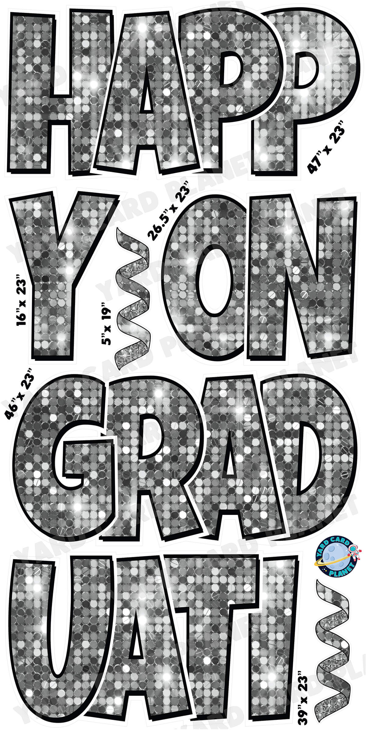 Large 23" Happy Graduation Yard Card EZ Quick Sets in Luckiest Guy Font and Flair in Sequin Pattern (Available in Multiple Colors)