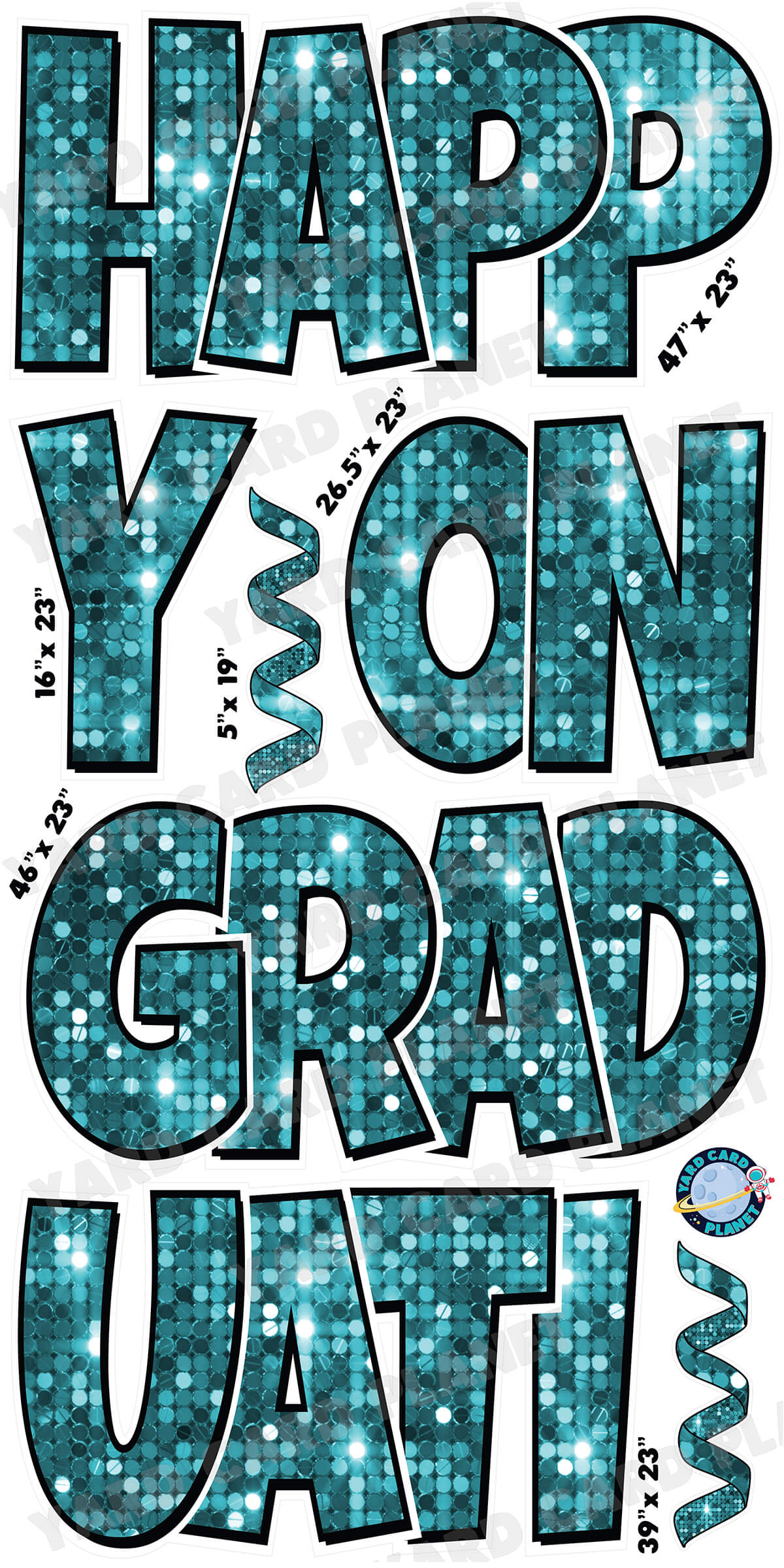 Large 23" Happy Graduation Yard Card EZ Quick Sets in Luckiest Guy Font and Flair in Sequin Pattern (Available in Multiple Colors)