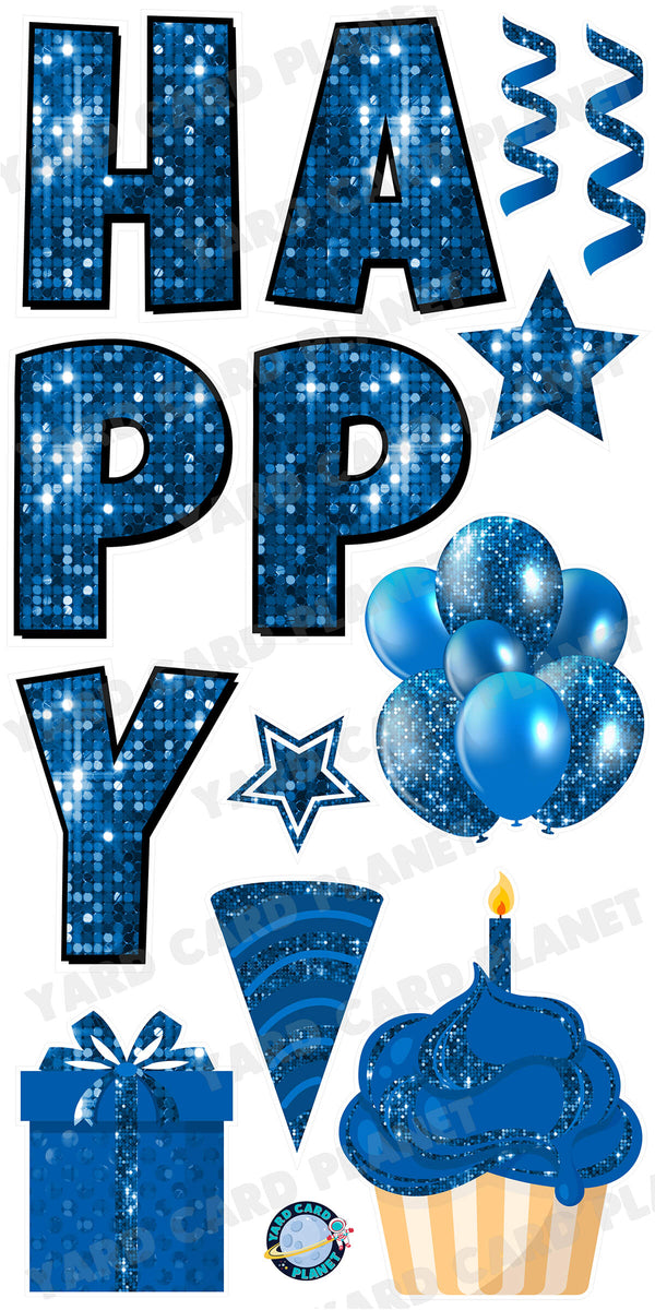 Large 23.5" Sequin Blue Happy Birthday Individual Letters in Luckiest Guy Font and Birthday Flair Set