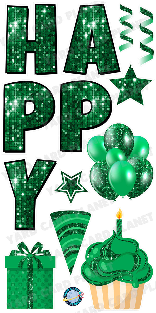 Large 23.5" Sequin Green Happy Birthday Individual Letters in Luckiest Guy Font and Birthday Flair Set