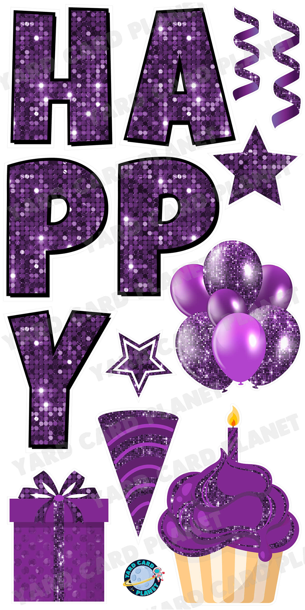 Large 23.5" Sequin Purple Happy Birthday Individual Letters in Luckiest Guy Font and Birthday Flair Set