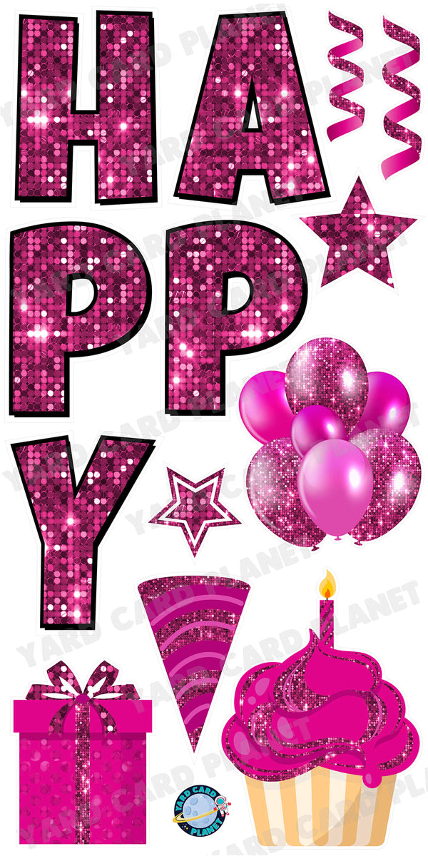 Large 23.5" Sequin Hot Pink Happy Birthday Individual Letters in Luckiest Guy Font and Birthday Flair Set