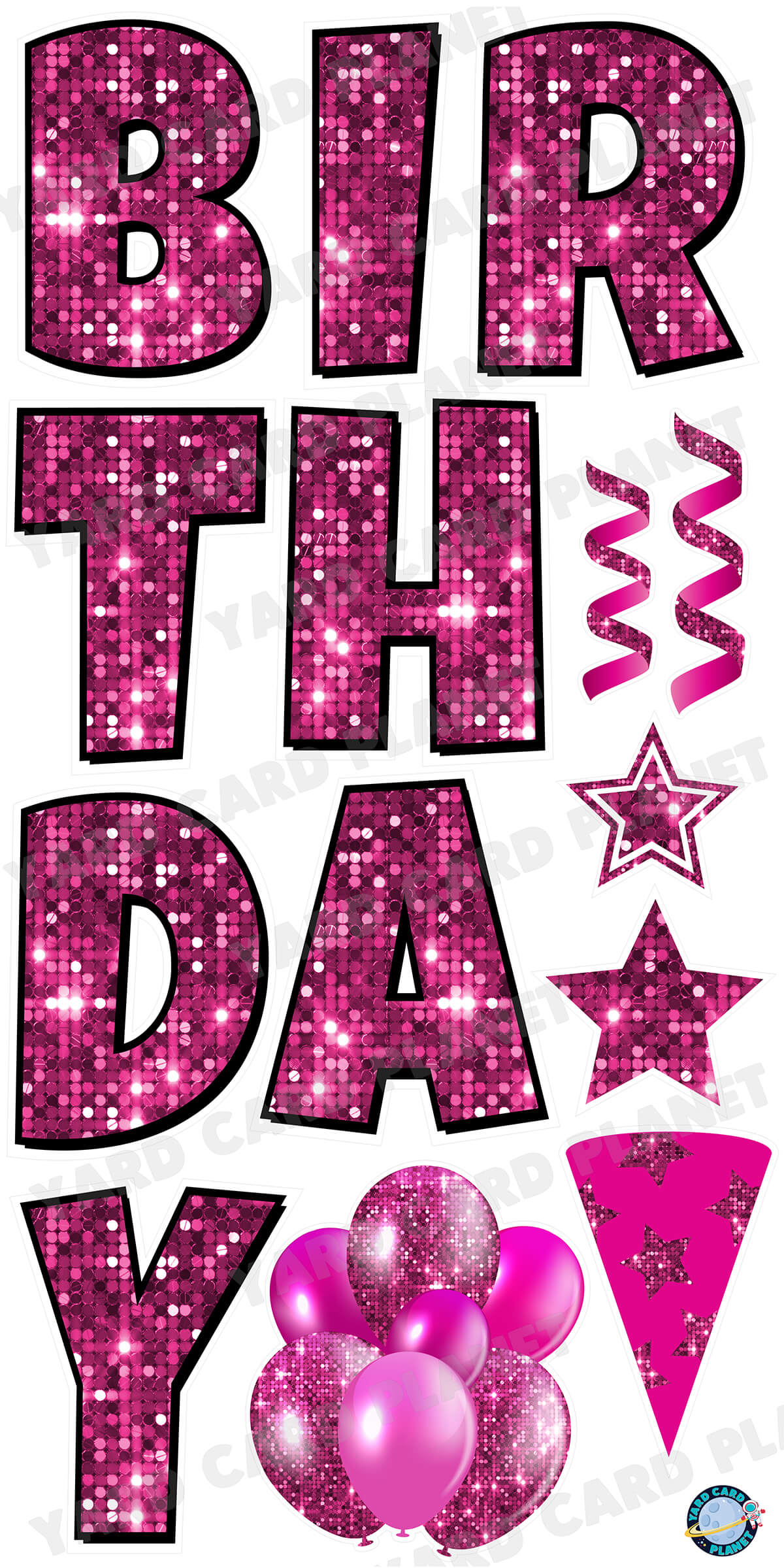 Large 23.5" Sequin Hot Pink Happy Birthday Individual Letters in Luckiest Guy Font and Birthday Flair Set