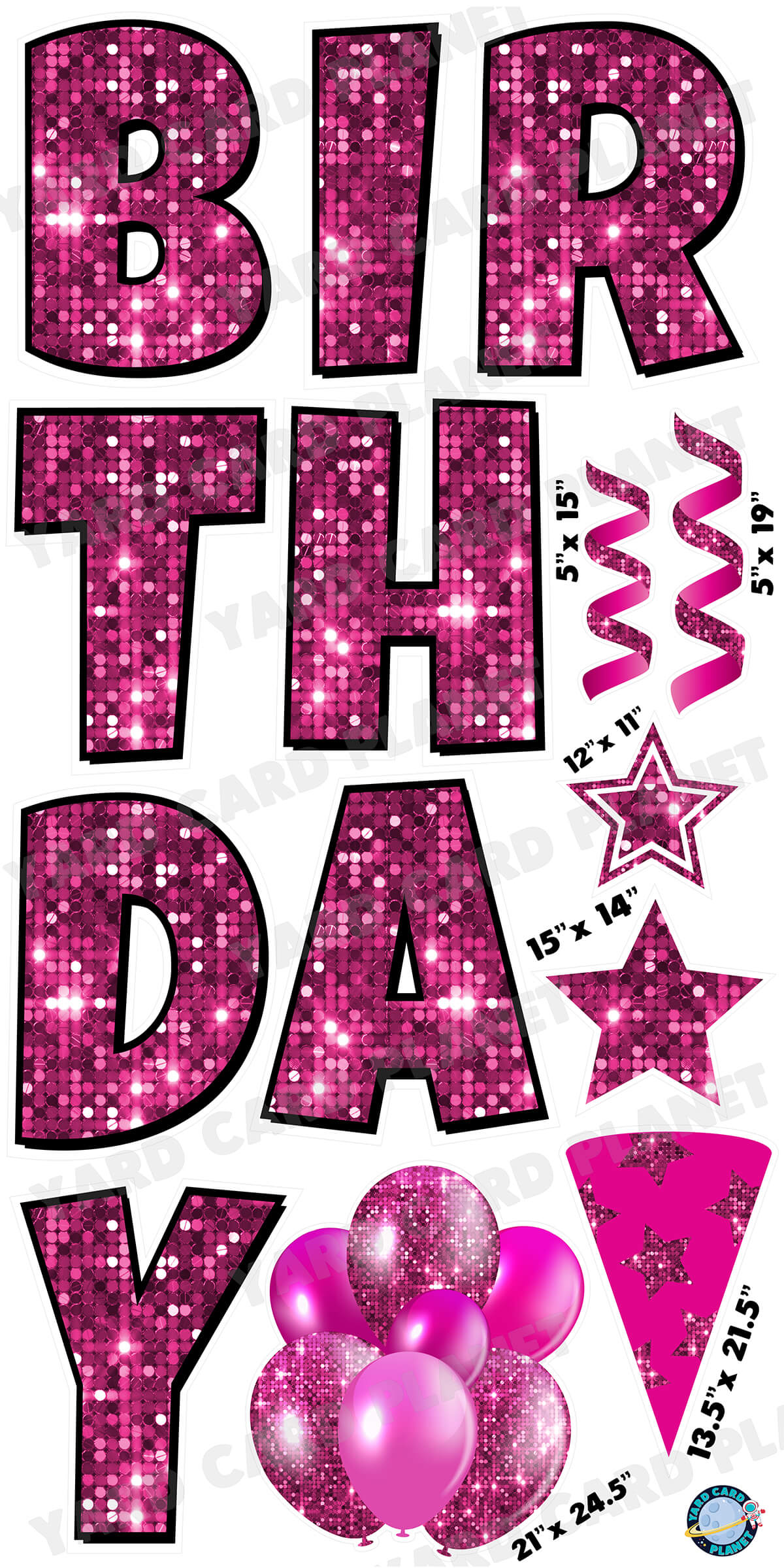 Large 23.5" Sequin Hot Pink Happy Birthday Individual Letters in Luckiest Guy Font and Birthday Flair Set