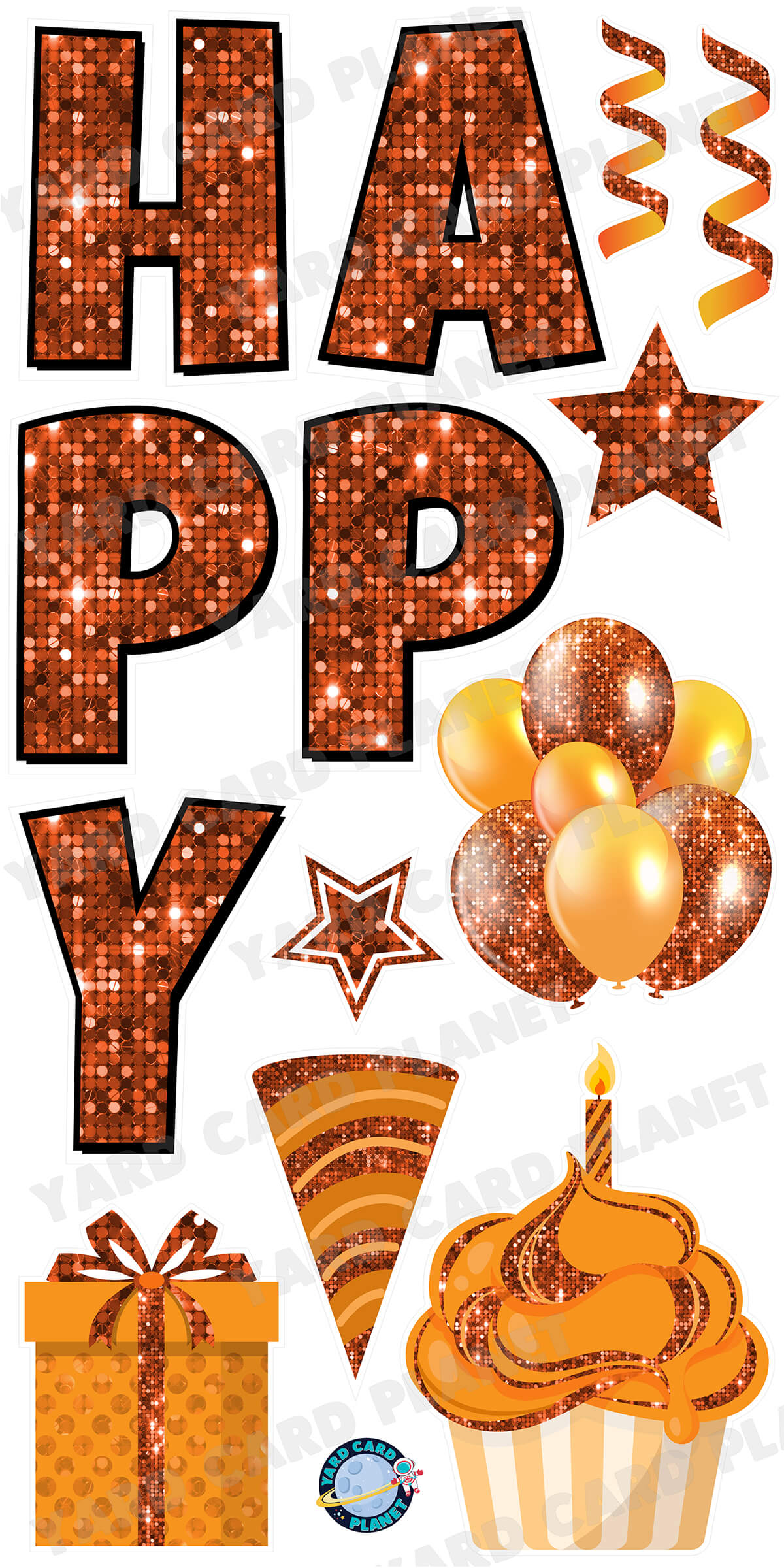 Large 23.5" Sequin Orange Happy Birthday Individual Letters in Luckiest Guy Font and Birthday Flair Set