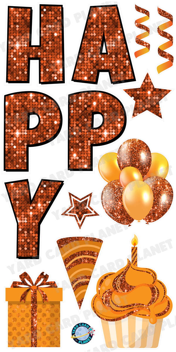 Large 23.5" Sequin Orange Happy Birthday Individual Letters in Luckiest Guy Font and Birthday Flair Set