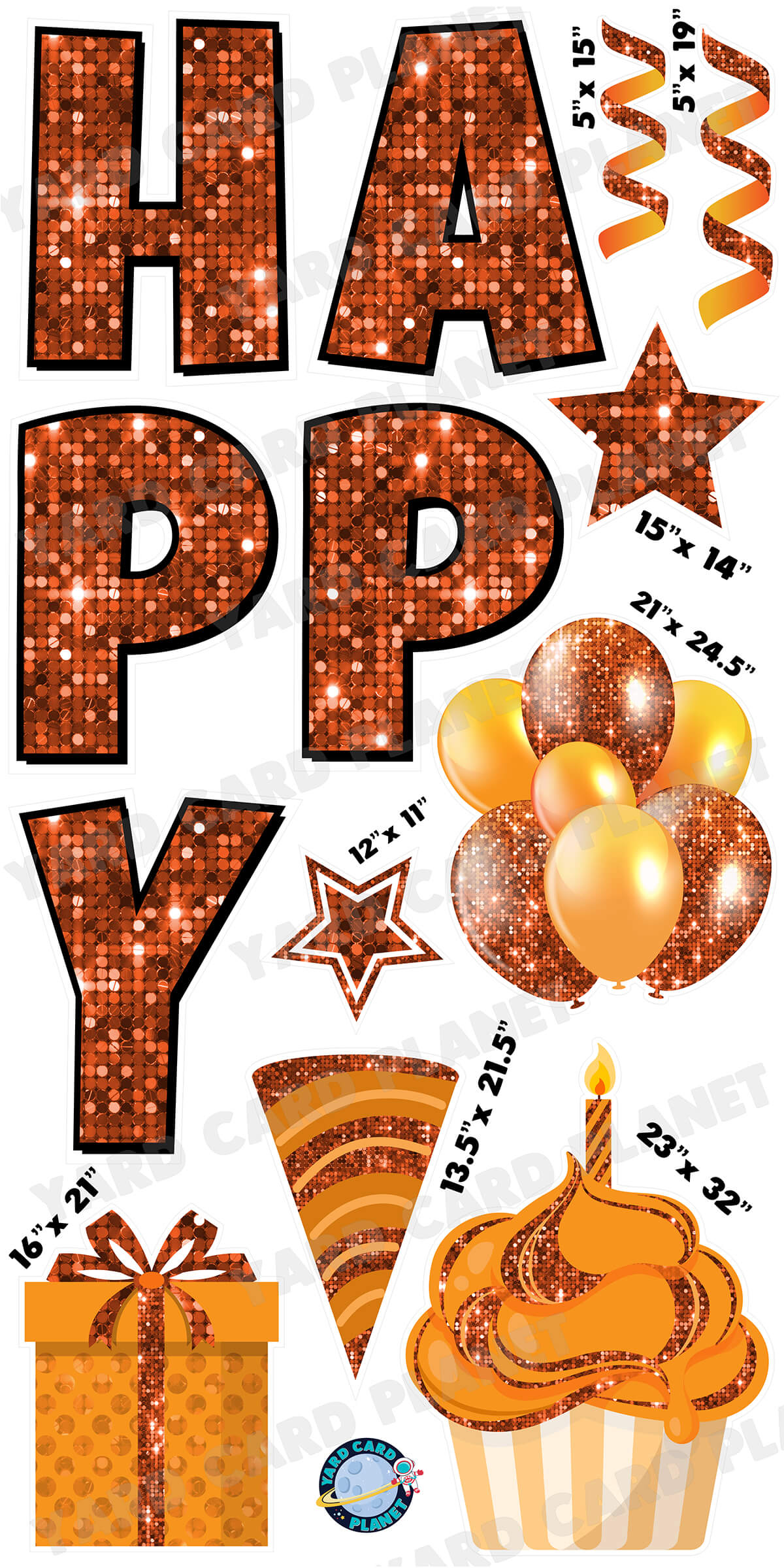 Large 23.5" Sequin Orange Happy Birthday Individual Letters in Luckiest Guy Font and Birthday Flair Set