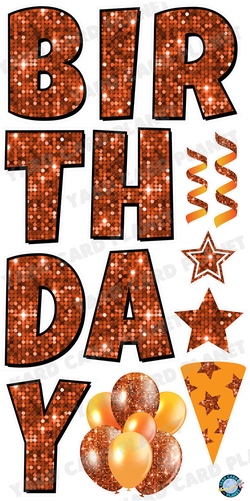 Large 23.5" Sequin Orange Happy Birthday Individual Letters in Luckiest Guy Font and Birthday Flair Set