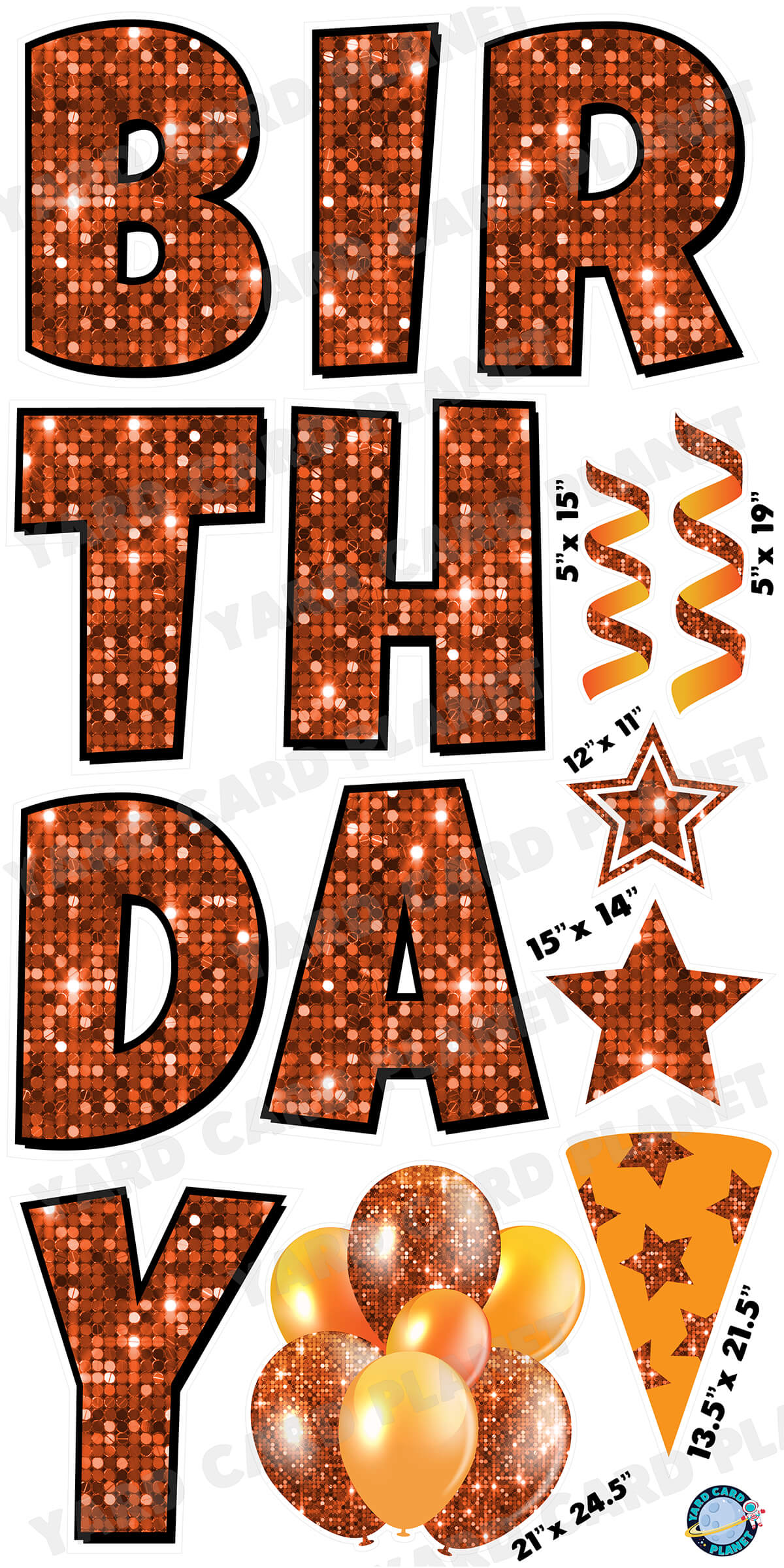 Large 23.5" Sequin Orange Happy Birthday Individual Letters in Luckiest Guy Font and Birthday Flair Set