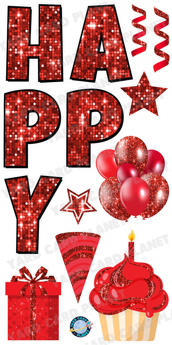 Large 23.5" Sequin Red Happy Birthday Individual Letters in Luckiest Guy Font and Birthday Flair Set