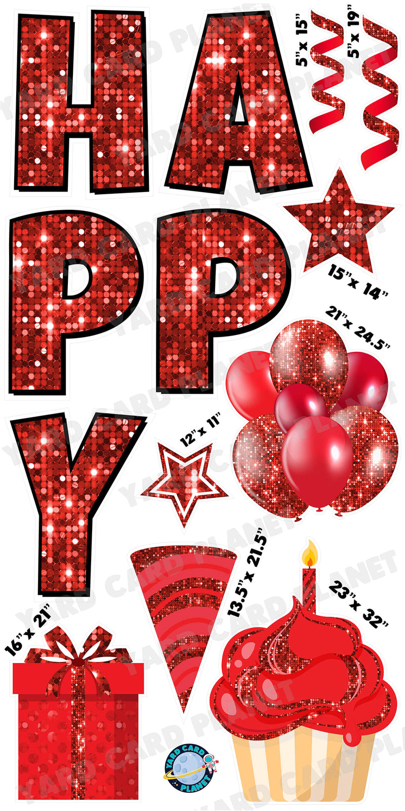 Large 23.5" Sequin Red Happy Birthday Individual Letters in Luckiest Guy Font and Birthday Flair Set