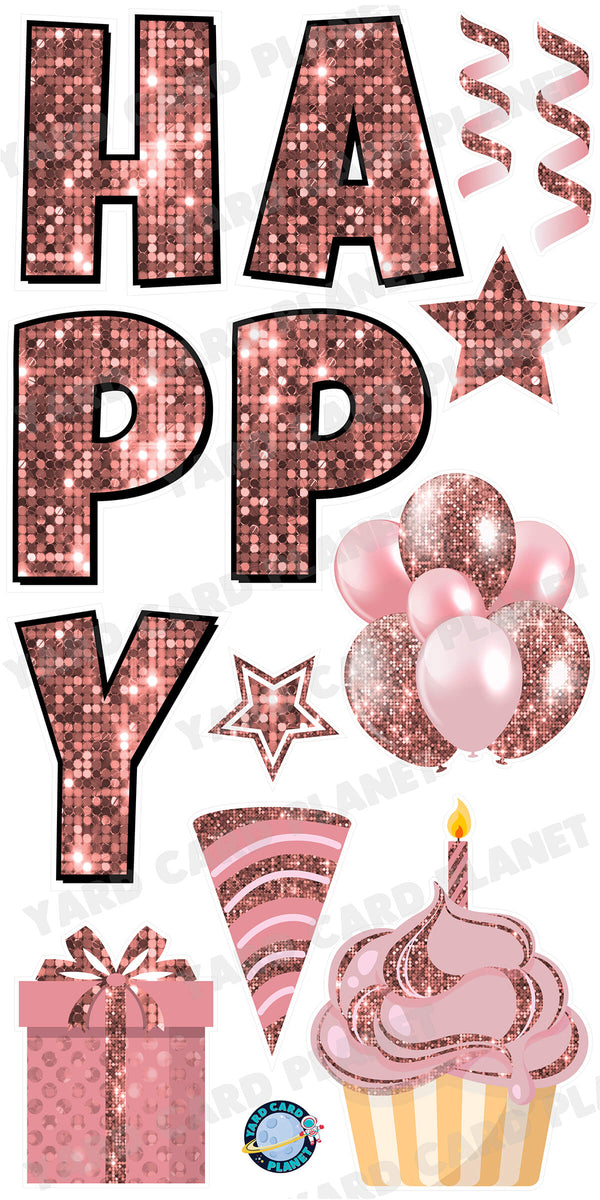 Large 23.5" Sequin Rose Gold Happy Birthday Individual Letters in Luckiest Guy Font and Birthday Flair Set