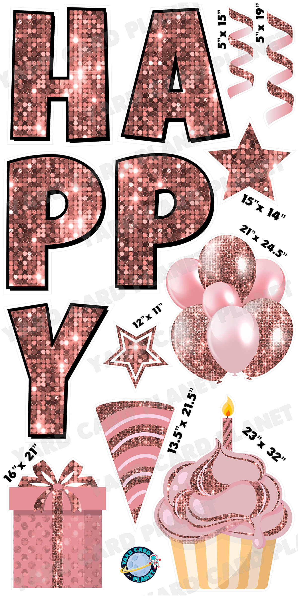 Large 23.5" Sequin Rose Gold Happy Birthday Individual Letters in Luckiest Guy Font and Birthday Flair Set