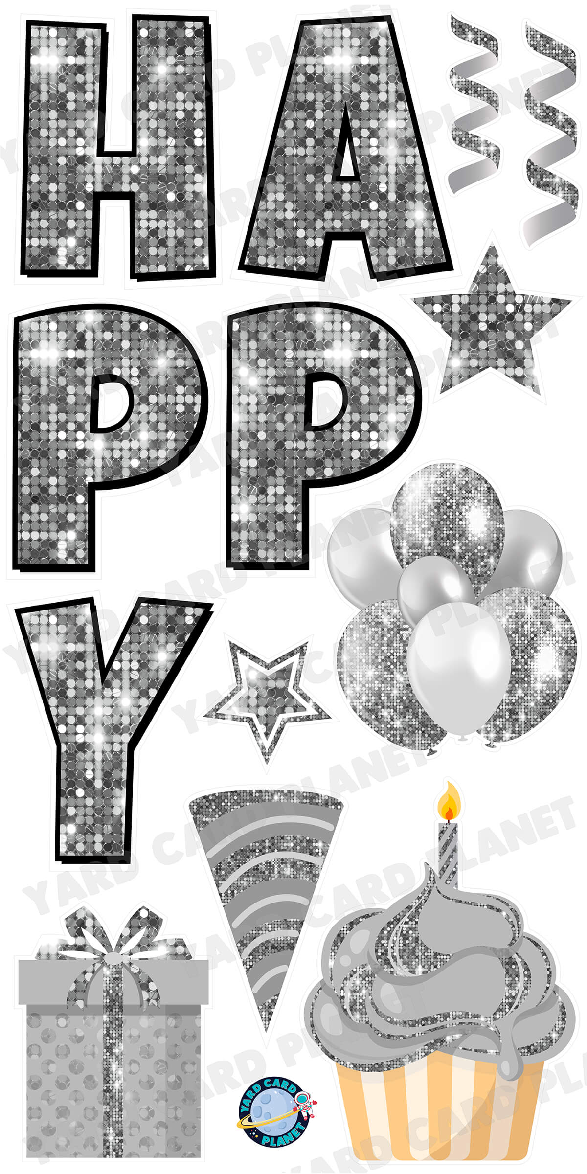 Large 23.5" Sequin Silver Happy Birthday Individual Letters in Luckiest Guy Font and Birthday Flair Set