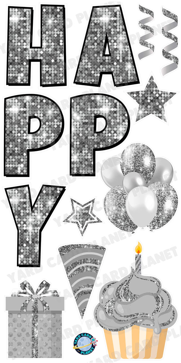 Large 23.5" Sequin Silver Happy Birthday Individual Letters in Luckiest Guy Font and Birthday Flair Set