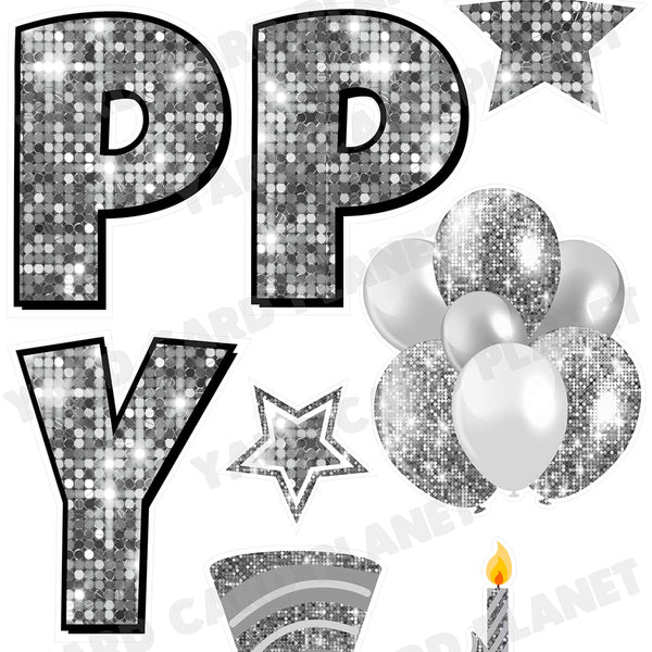 Happy Birthday in silver ink with gold stars printed on 5/8 white