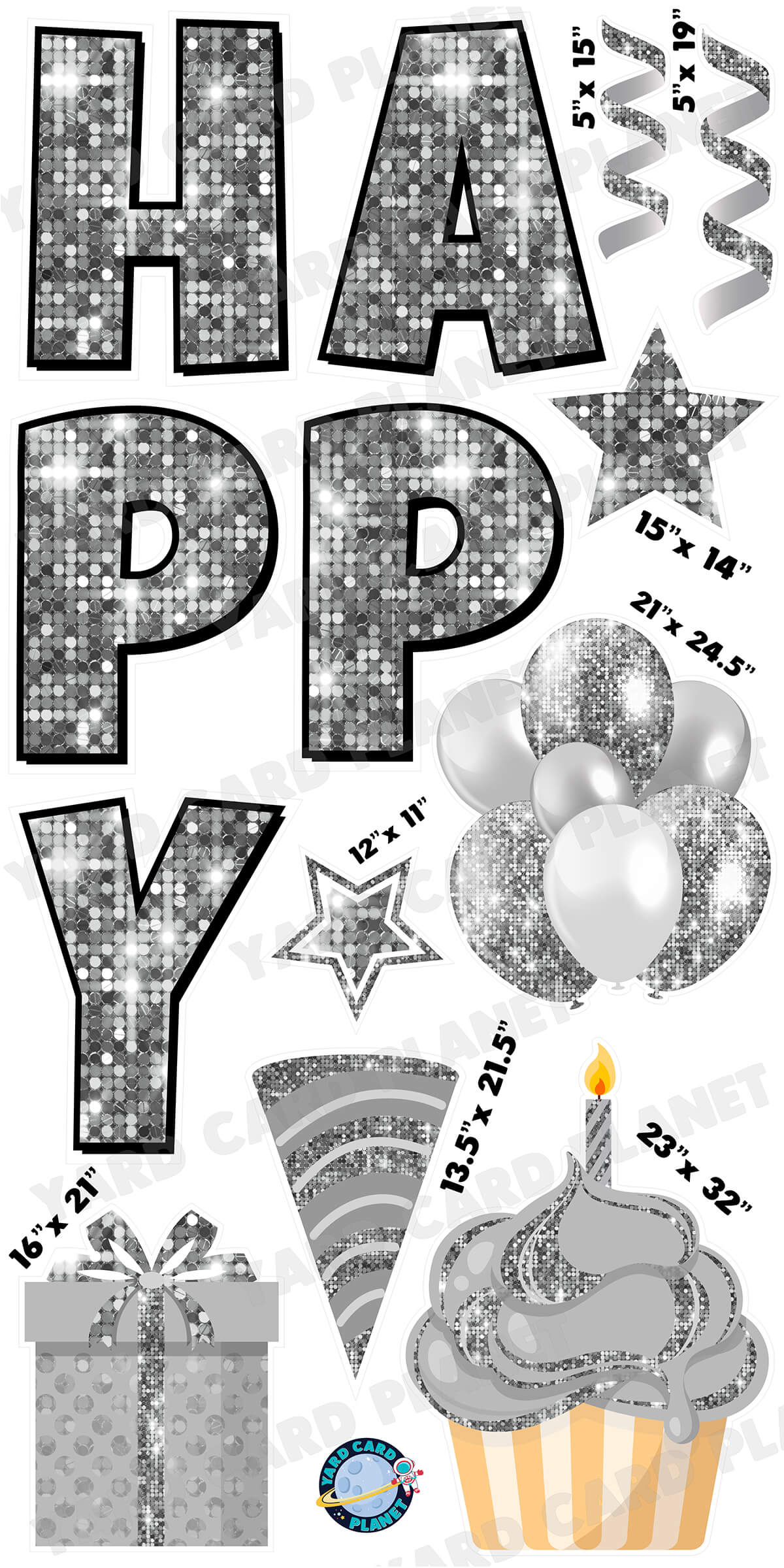 Large 23.5" Sequin Silver Happy Birthday Individual Letters in Luckiest Guy Font and Birthday Flair Set