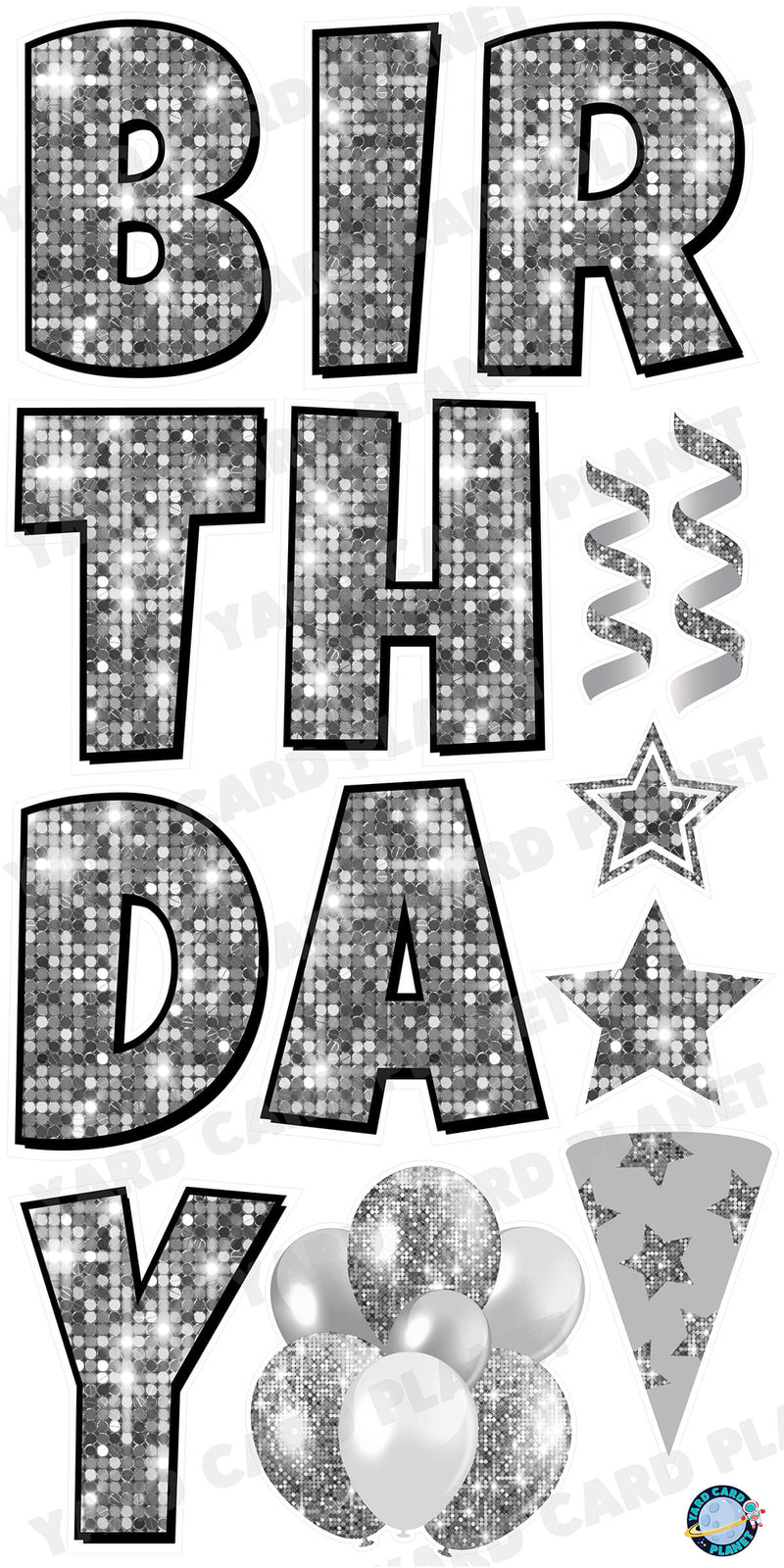 Large 23.5" Sequin Silver Happy Birthday Individual Letters in Luckiest Guy Font and Birthday Flair Set