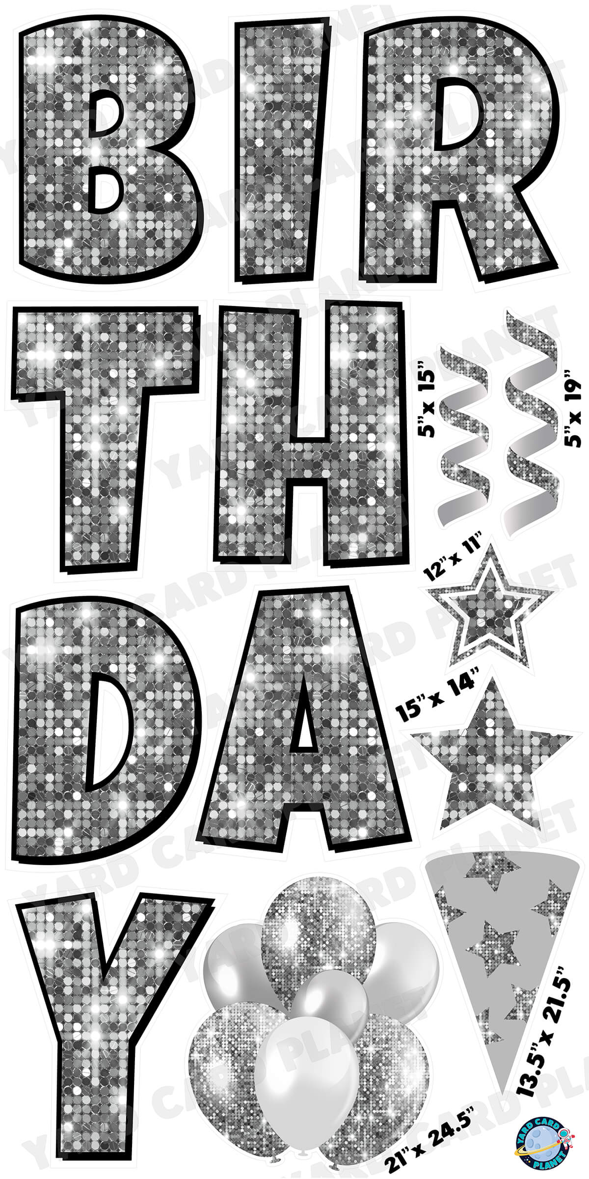 Large 23.5" Sequin Silver Happy Birthday Individual Letters in Luckiest Guy Font and Birthday Flair Set