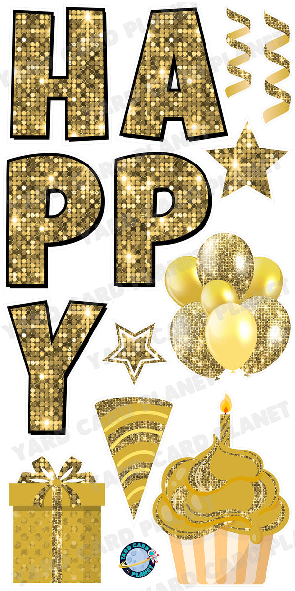 Large 23.5" Sequin Gold Happy Birthday Individual Letters in Luckiest Guy Font and Birthday Flair Set