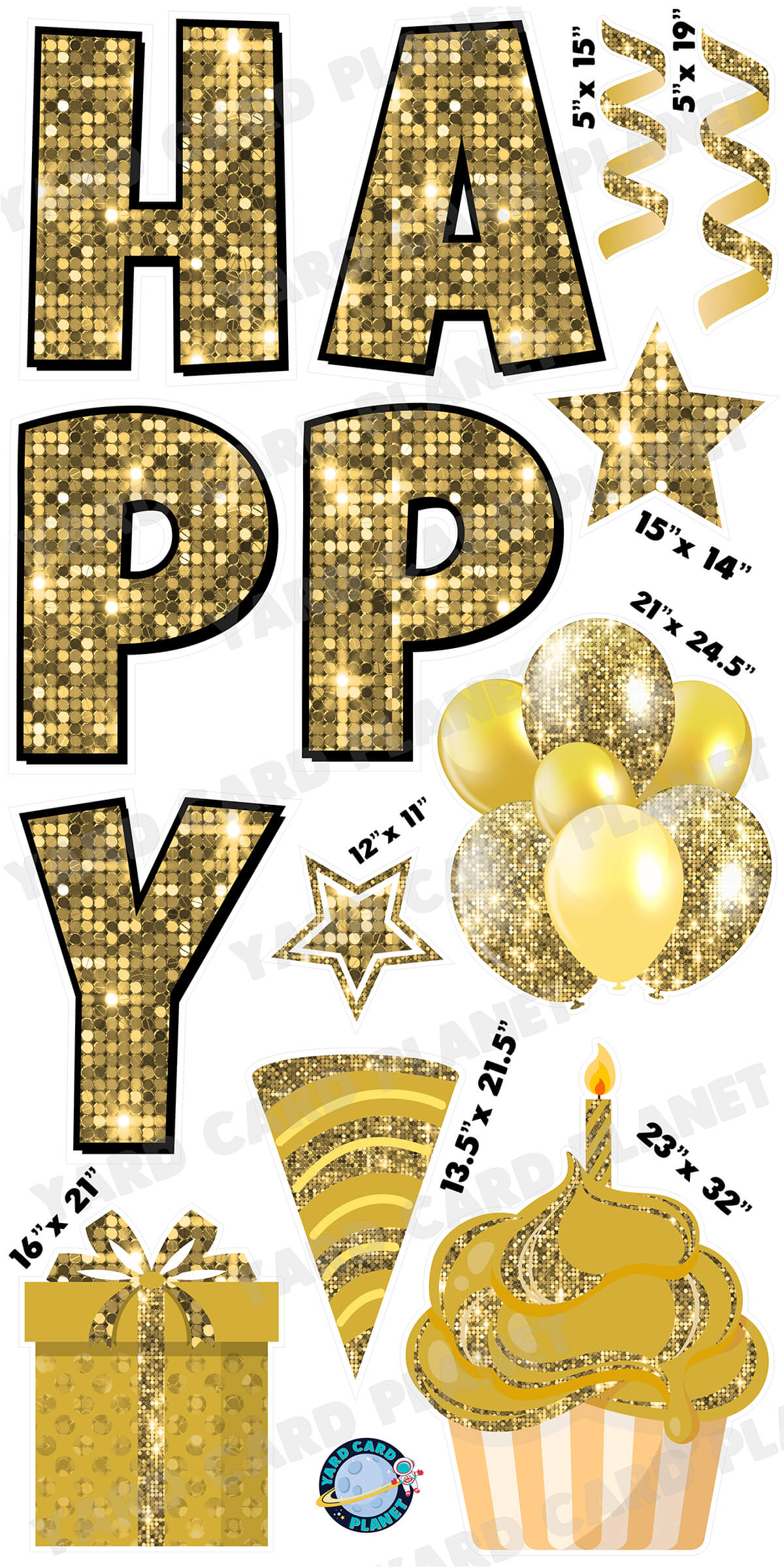 Large 23.5" Sequin Gold Happy Birthday Individual Letters in Luckiest Guy Font and Birthday Flair Set