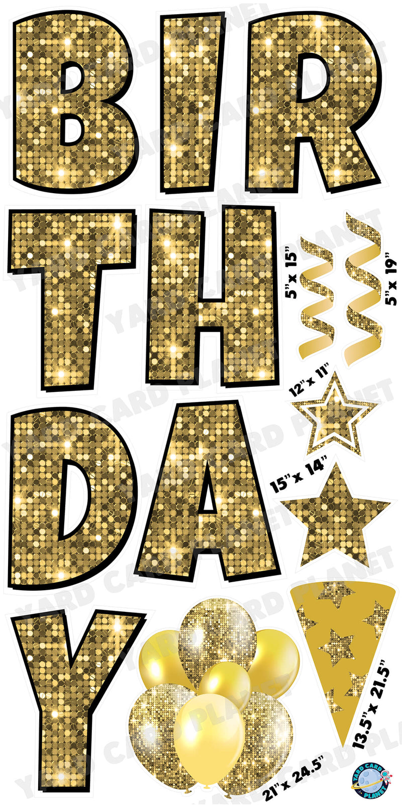 Large 23.5" Sequin Gold Happy Birthday Individual Letters in Luckiest Guy Font and Birthday Flair Set