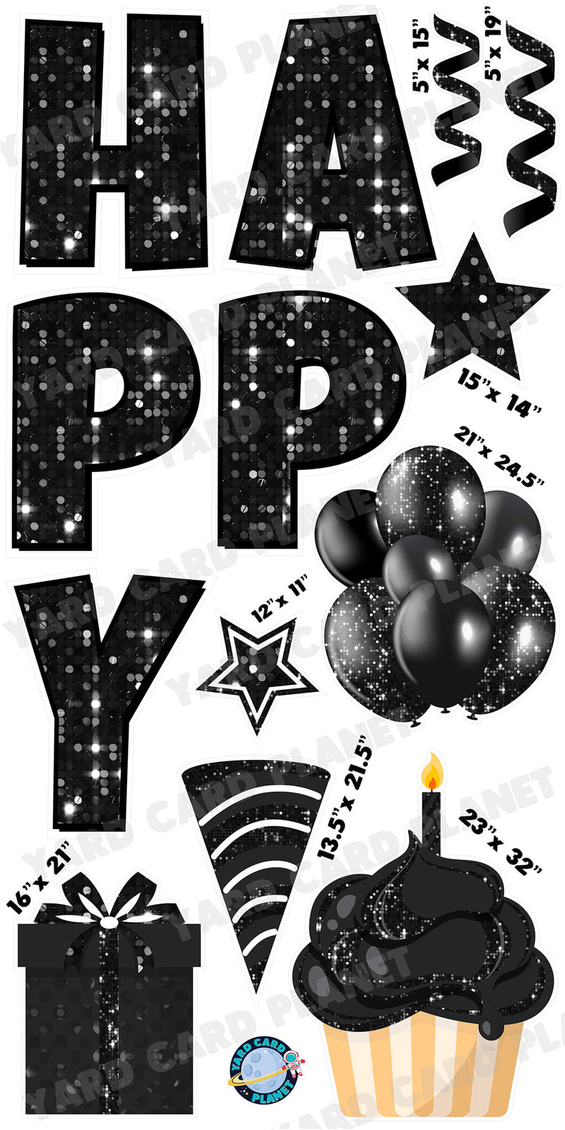 Large 23.5" Sequin Black Happy Birthday Individual Letters in Luckiest Guy Font and Birthday Flair Set