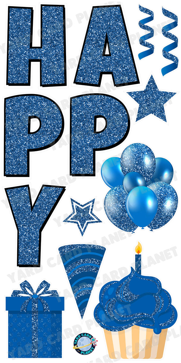 Large 23.5" Glitter Blue Happy Birthday Individual Letters in Luckiest Guy Font and Birthday Flair Set