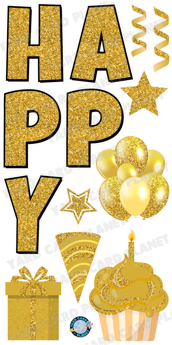 Large 23.5" Glitter Gold Happy Birthday Individual Letters in Luckiest Guy Font and Birthday Flair Set